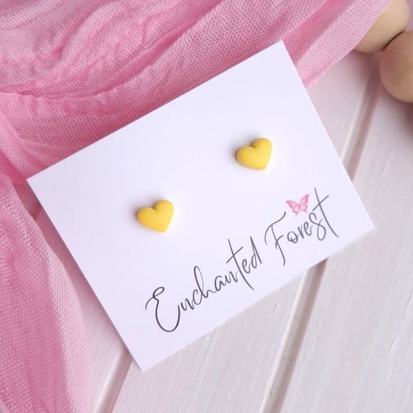 Yellow Mini Heart Stud Earrings, Minimalist Jewellery, Accessories & Gifts