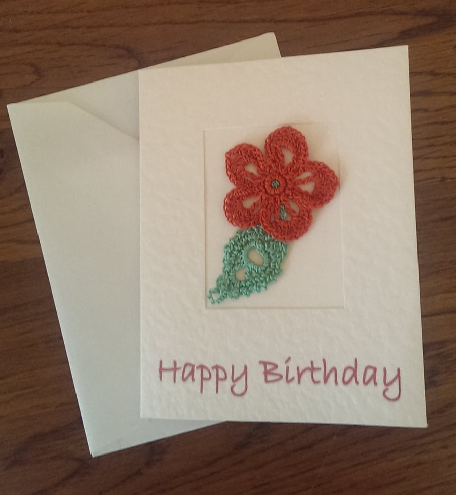 SMALL 'HAPPY BIRTHDAY' CARD WITH BURNT ORANGE FLOWER ON CREAM HAMMER EFFECT CARD