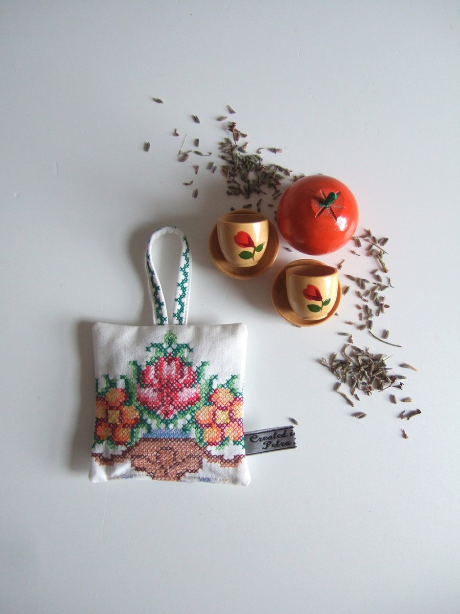 Vintage embroidery lavender bag, with a Folk art style and Yorkshire lavender 
