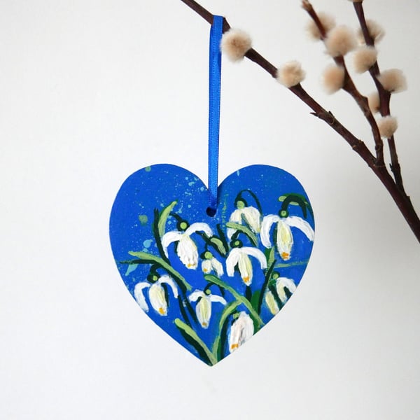 Snowdrop Art, Blue Hanging Heart, Spring Flowers, Mother's Day Gift