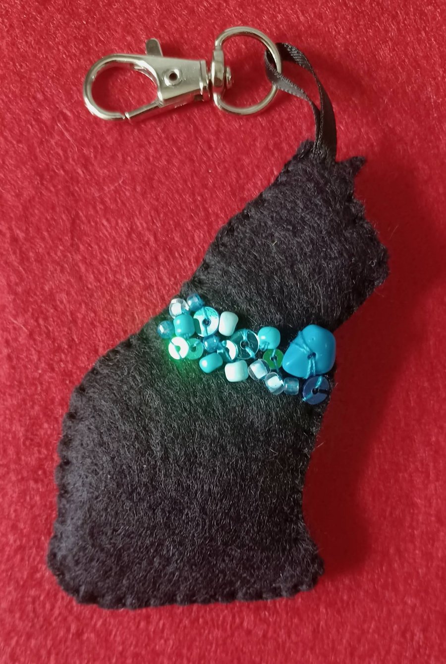 Handmade Black Cat Felt Bag Charm with Turquoise Gemstone