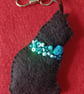 Handmade Black Cat Felt Bag Charm with Turquoise Gemstone
