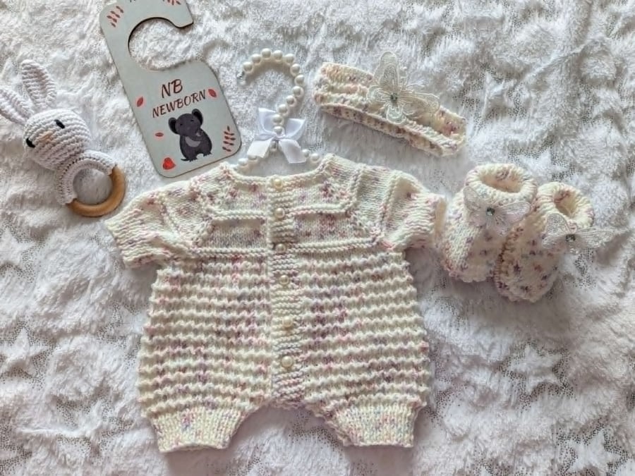 Image of Hand Knitted Romper Set 0 To 3 mths 3 Piece Set
