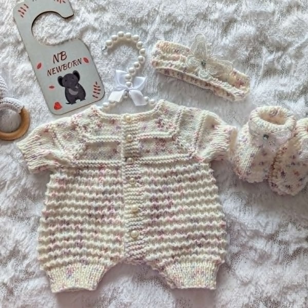 Hand Knitted Romper Set 0 To 3 mths 3 Piece Set