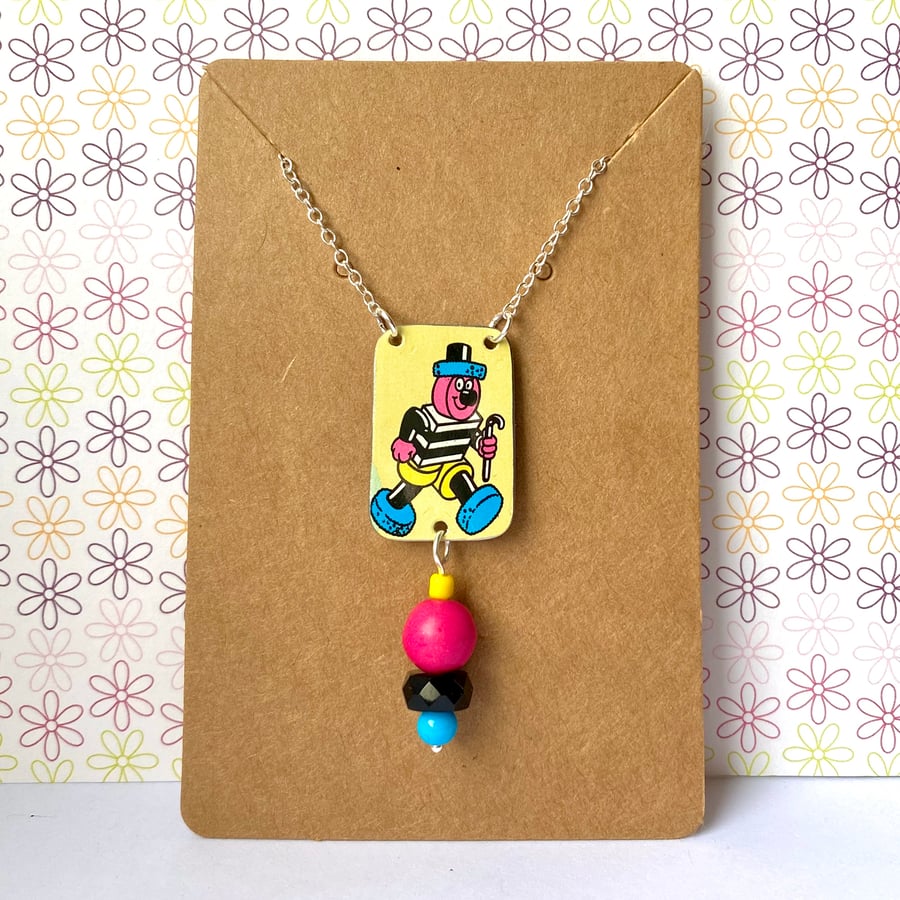 Recycled vintage tin yellow rectangle beaded Bertie Bassett necklace