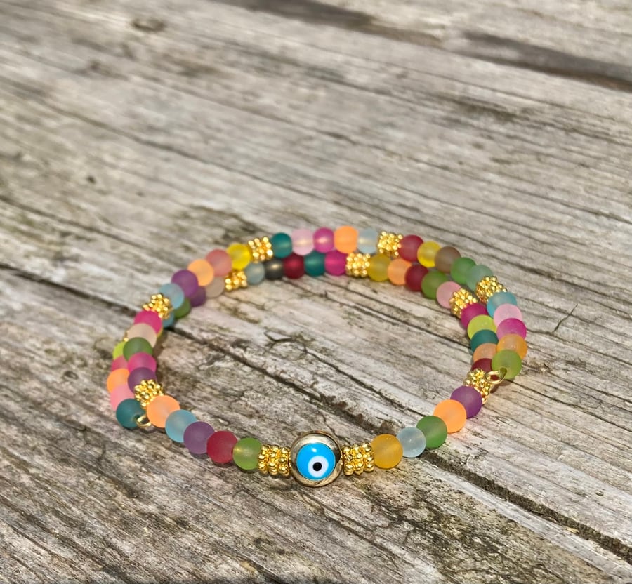 Wrap around multicolour beaded evil eye anklet or bracelet. One size fits all