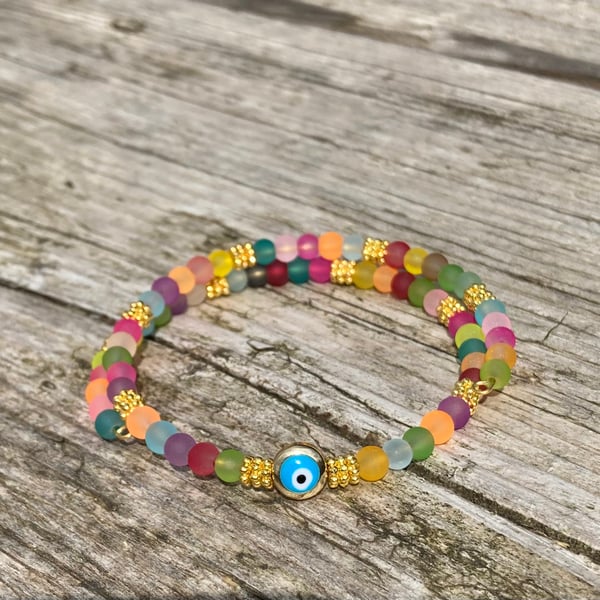 Wrap around multicolour beaded evil eye anklet or bracelet. One size fits all