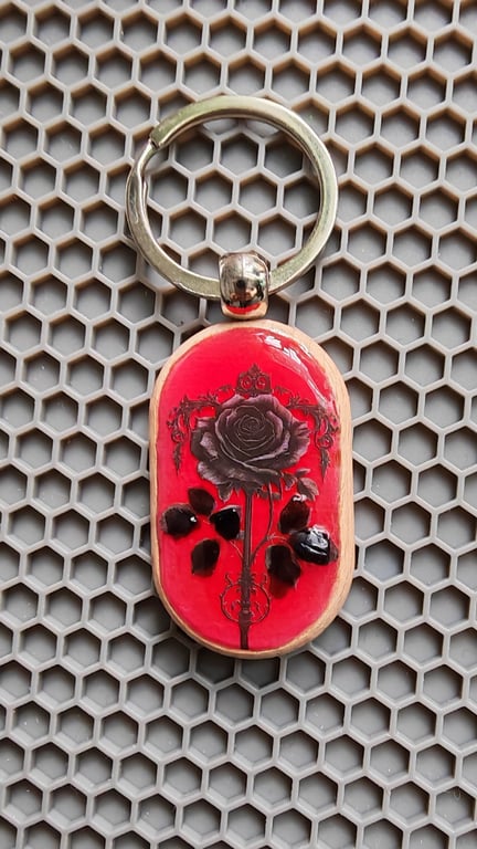 Gothic Style Wooden Keychain: Black Obsidian Leaf Rose- Resin Handmade Charm