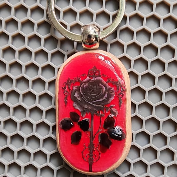 Gothic Style Wooden Keychain: Black Obsidian Leaf Rose- Resin Handmade Charm