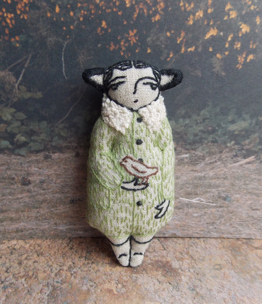 Gorse Fae with Bird - A Miniature Hand Embroidered Textile Art Doll - 7.5cms
