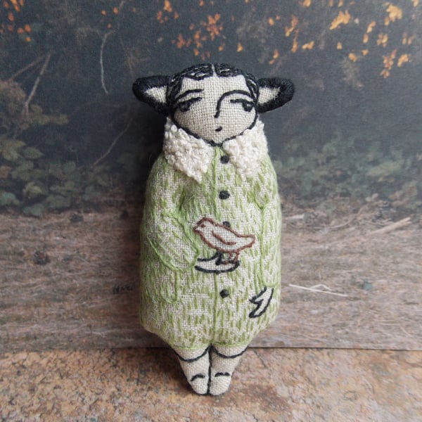 Gorse Fae with Bird - A Miniature Hand Embroidered Textile Art Doll - 7.5cms