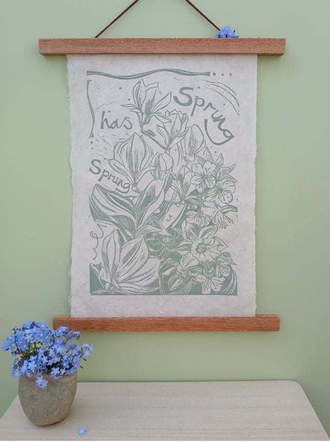 'Spring has Sprung', Lino Print in Sage Green on Natural Lokta Paper