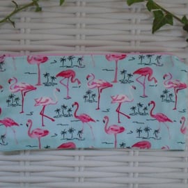 Pink Green Flamingo Pencil Case or Small Make Up Bag 