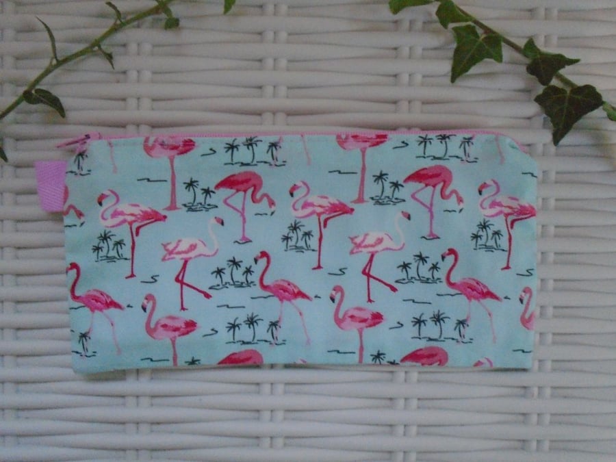 Pink Green Flamingo Pencil Case or Small Make Up Bag 