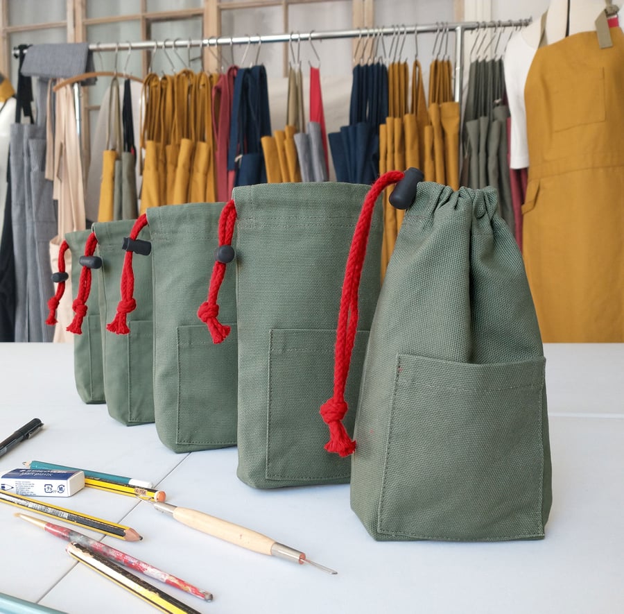 Drawstring Pouch Bag with Pocket in Repurposed Canvas. Dusty Green 004