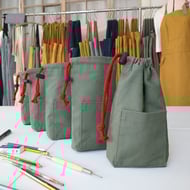 Drawstring Pouch Bag with Pocket in Repurposed Canvas. Dusty Green 004