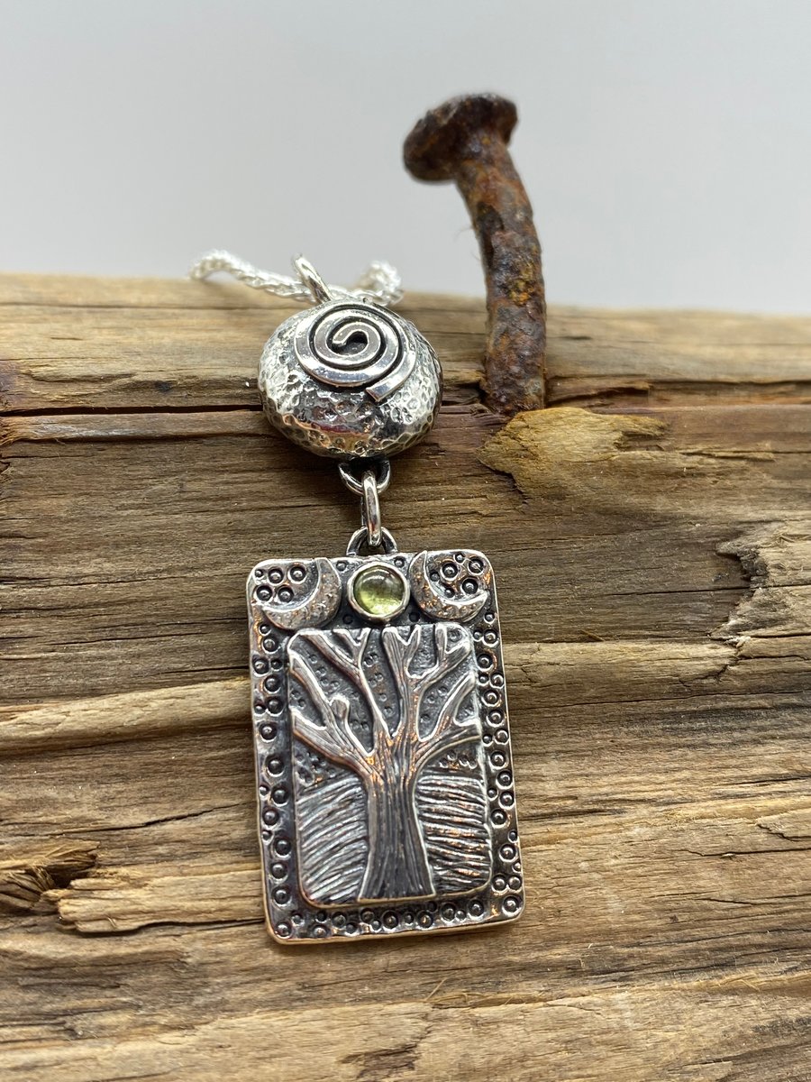 Tree Pendant with Triple Moon and Peridot (reduced)