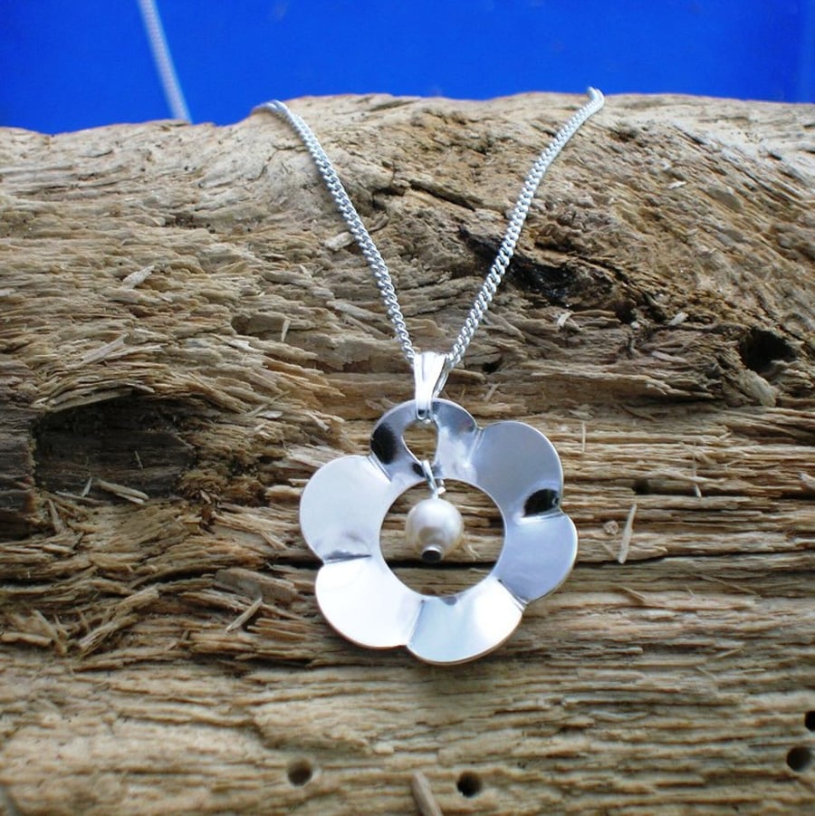Silver and Pearl Flower Pendant, Sterling Silver Flower Necklace.