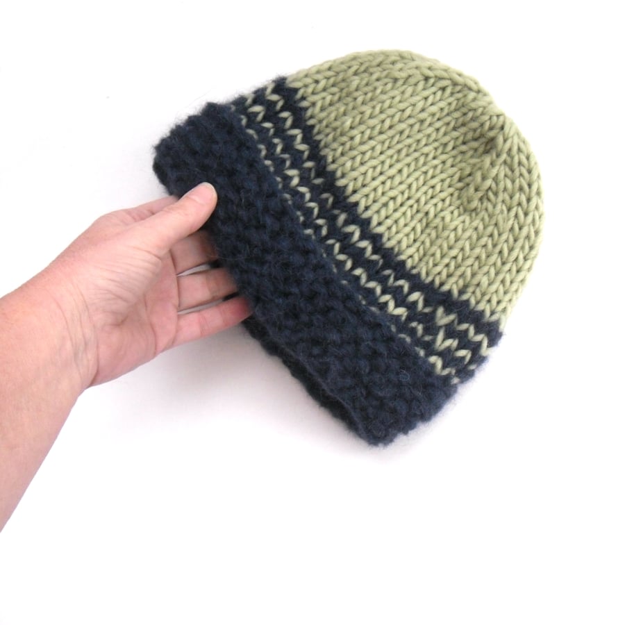 Striped Hat in green and navy blue hand knit in 100% wool   SALE