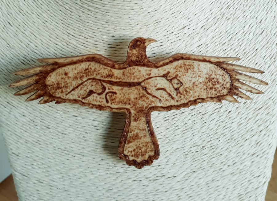Pyrography crow and Uffington white horse brooch