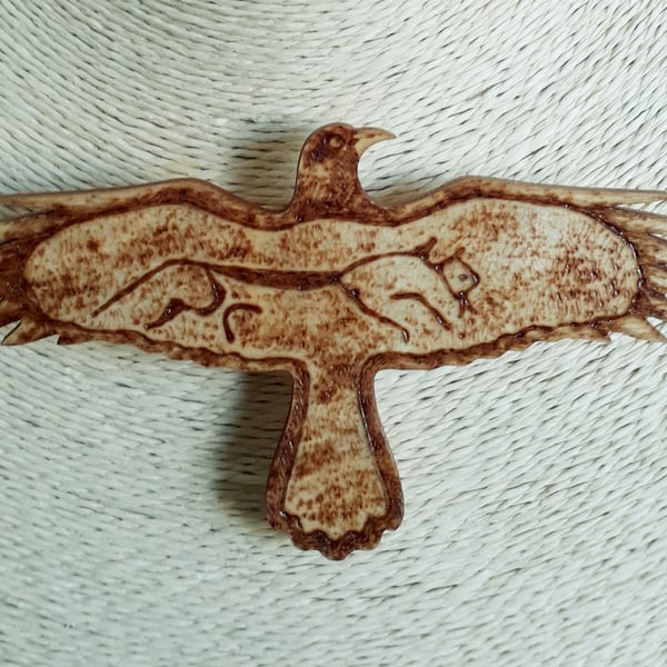 Pyrography crow and Uffington white horse brooch