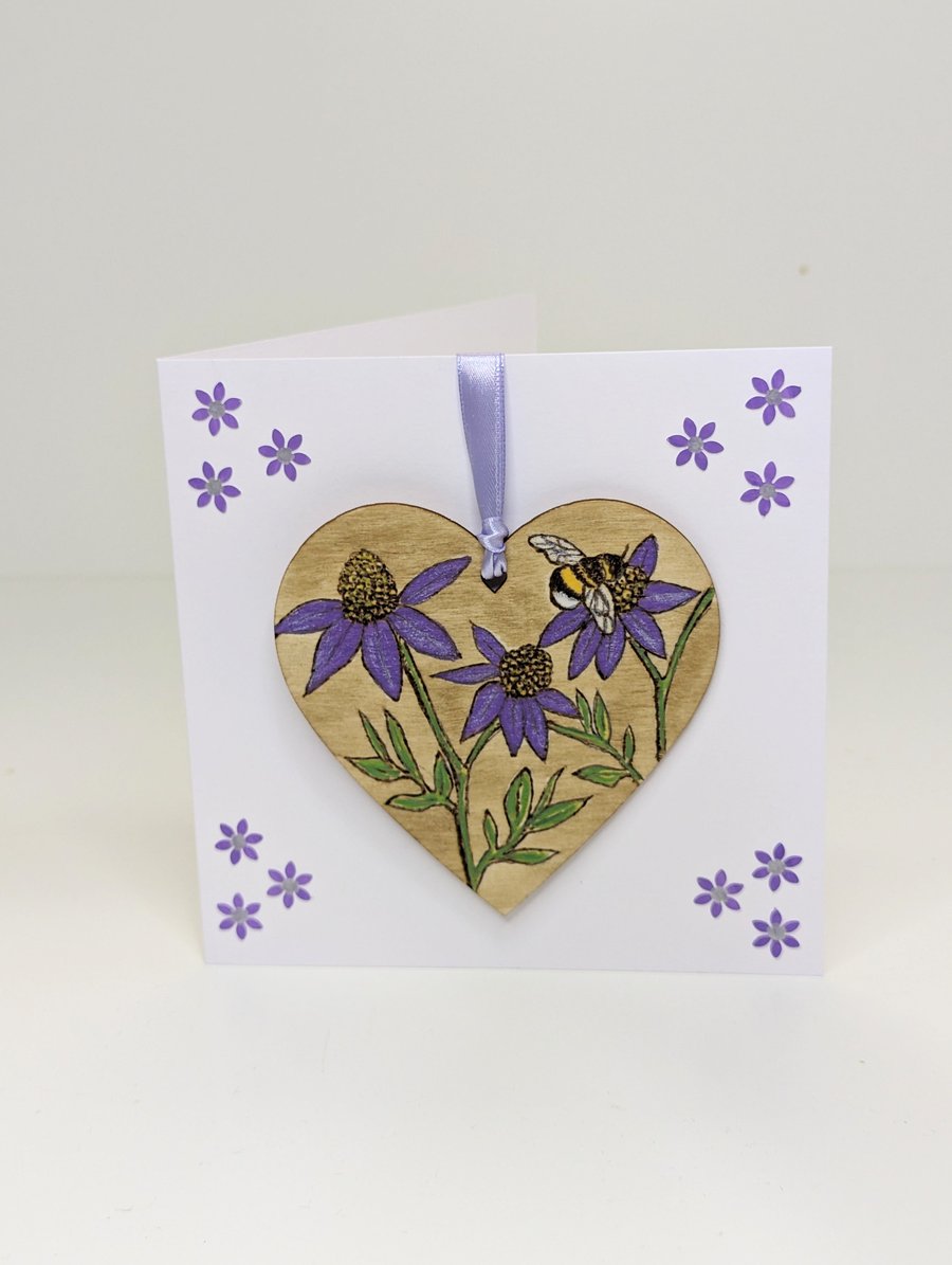 Handmade card with detachable pyrography wooden floral heart decoration