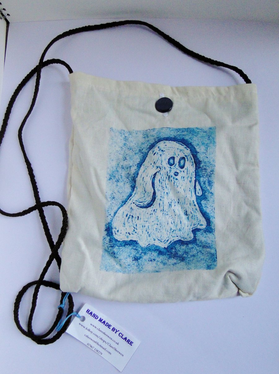Sale Halloween Ghost Hand Printed Collagraph Print Cream Shoulder Bag Purse