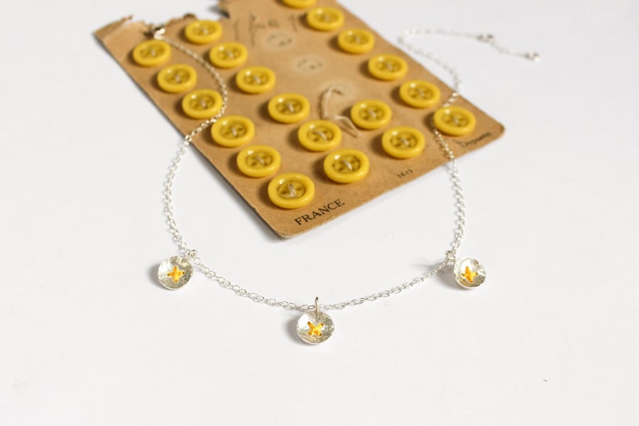 Silver button necklace, stitched buttons, choker style necklace