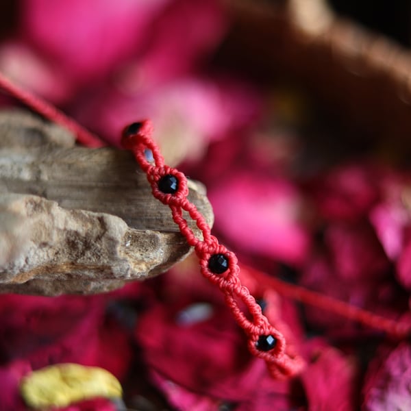Macrame protection bracelet with Black Tourmaline in red