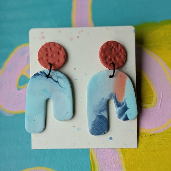 Unique earrings, dangly blue and orange lightweight earrings