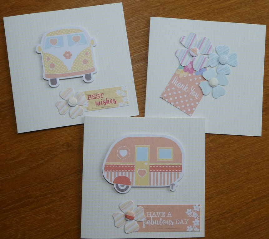 Beautiful Bundle Pack of 3 Cards - Yellow Retro Flower Power