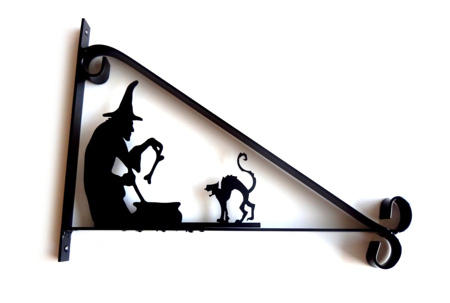 Witch, Cauldron & Cat Silhouette Scroll Style Hanging Basket Bracket Solid Steel