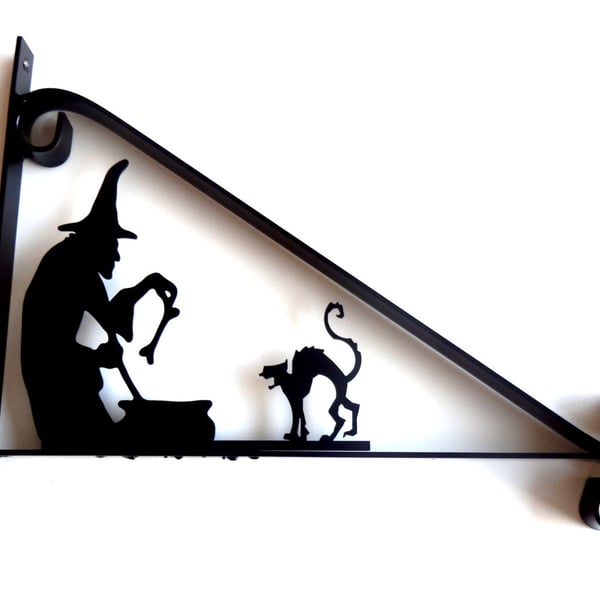 Witch, Cauldron & Cat Silhouette Scroll Style Hanging Basket Bracket Solid Steel