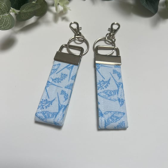 Key Fob Set in Pale Blue Swallow Fabric, Bag Strap, Key Ring