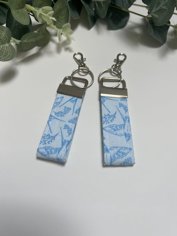 Key Fob Set in Pale Blue Swallow Fabric, Bag Strap, Key Ring