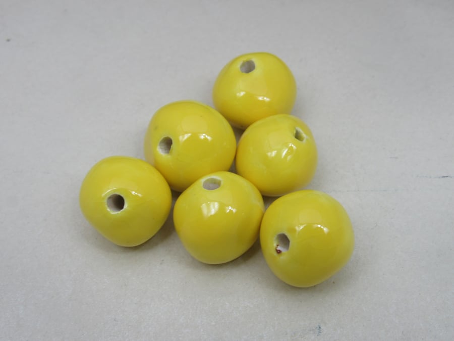 6 Medium Lemon Yellow Glazed Clay Beads