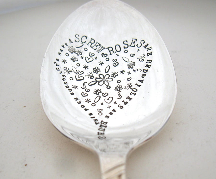 Naughty Valentine Poem, Handstamped Vintage Dessertspoon, Seconds Sunday