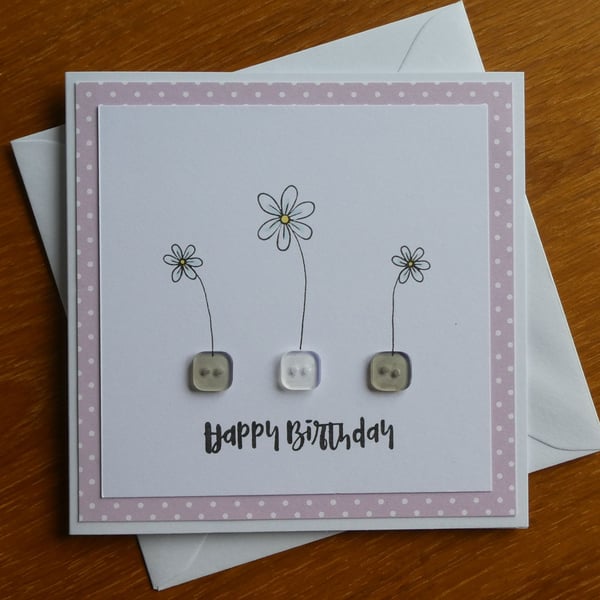 Birthday Card - Daisies and Buttons - Pastel Pink