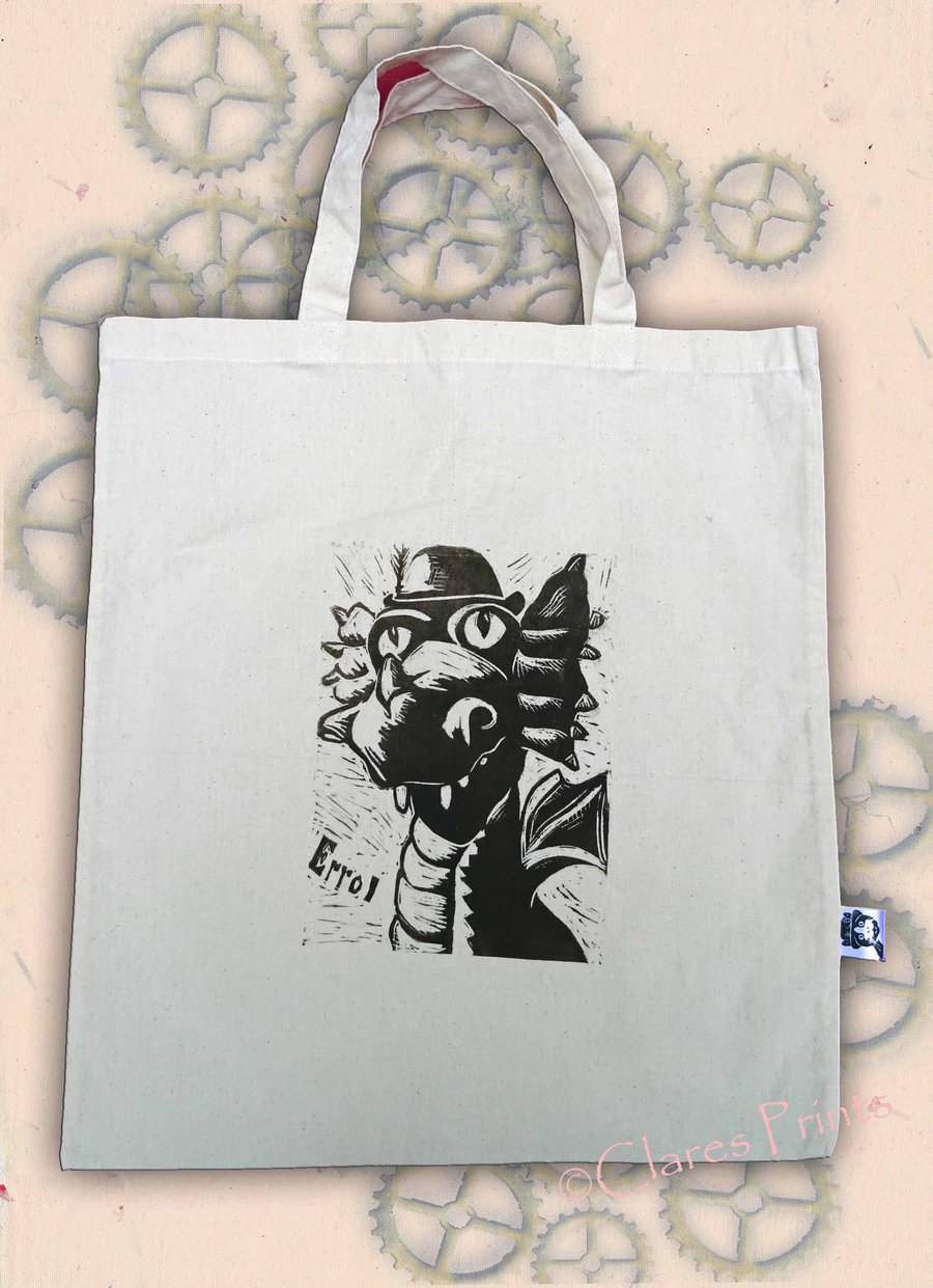 Steampunk Dragon Tote Animal Linocut Hand Printed Cream Shopping Bag