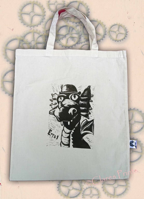 Steampunk Dragon Tote Animal Linocut Hand Printed Cream Shopping Bag