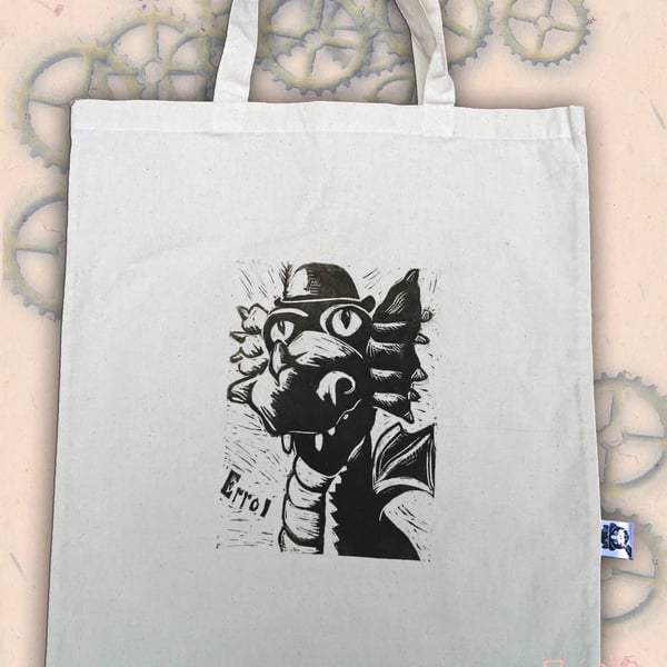 Steampunk Dragon Tote Animal Linocut Hand Printed Cream Shopping Bag