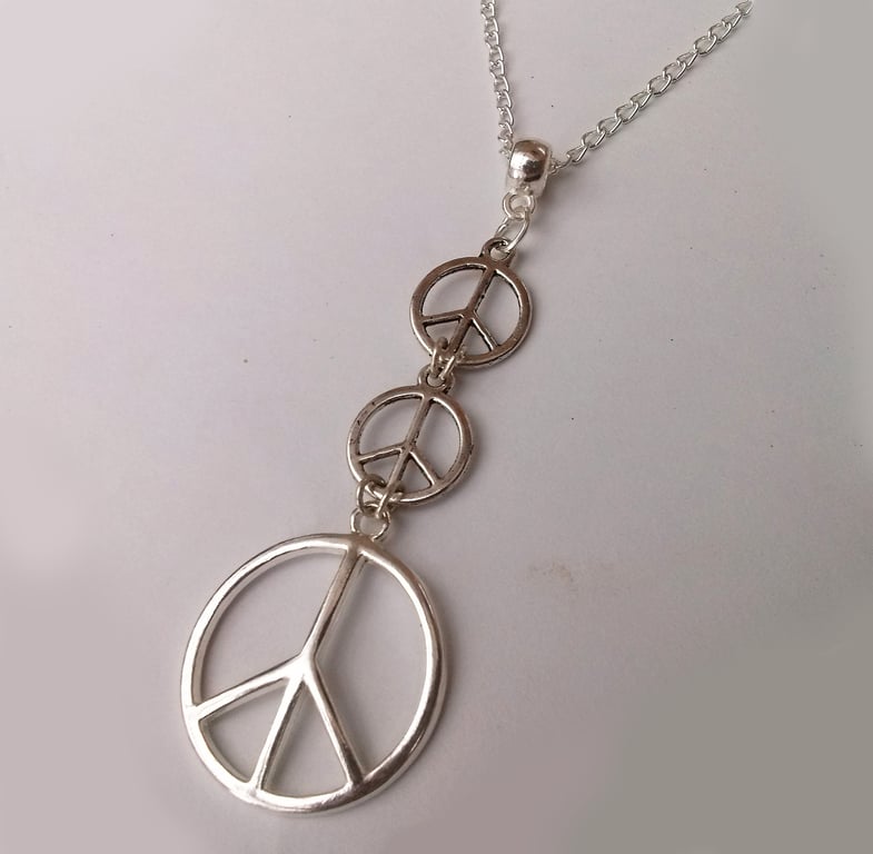 Peace Sign Silver Plate Y Necklace Retro Hippie 60s