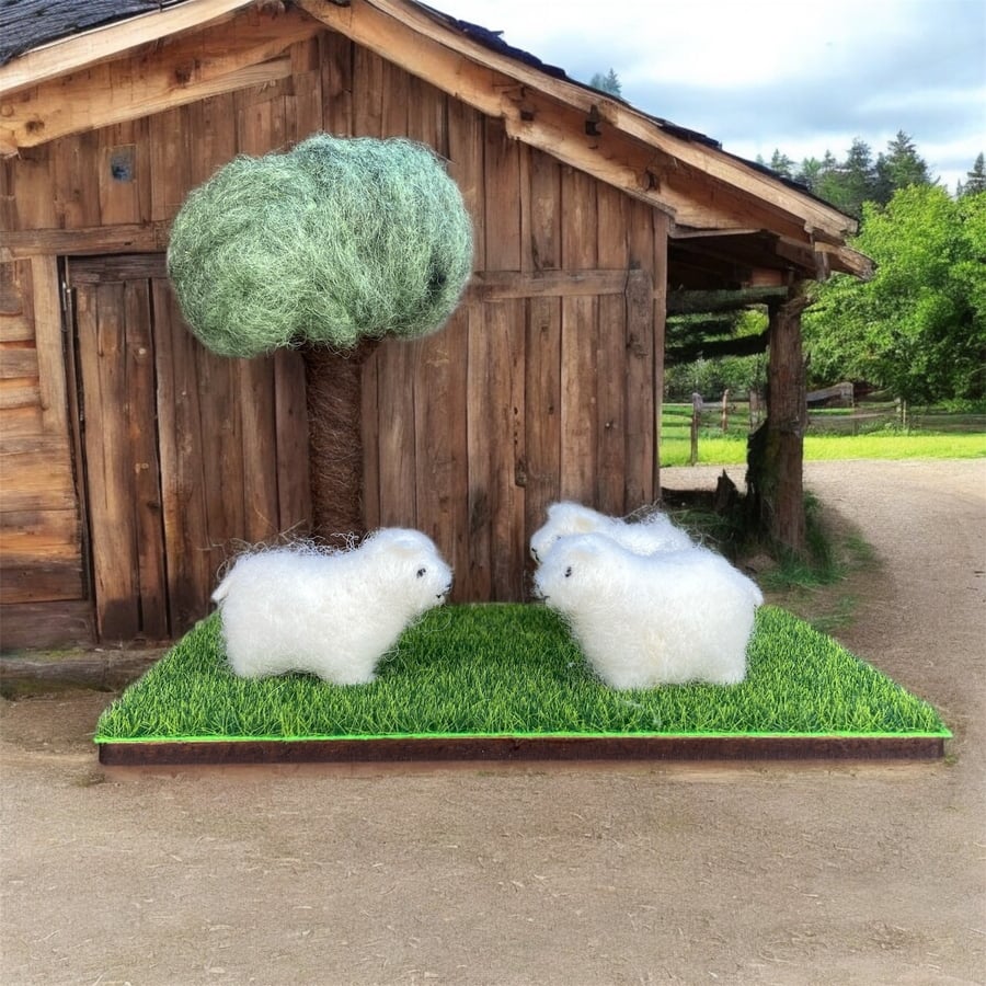 Felted country scene, woolly sheep beneath a tree