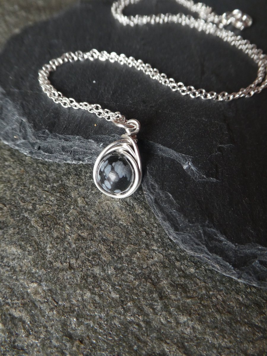 Sterling Silver Snowflake Obsidian Pendant, Dainty Gemstone Pendant