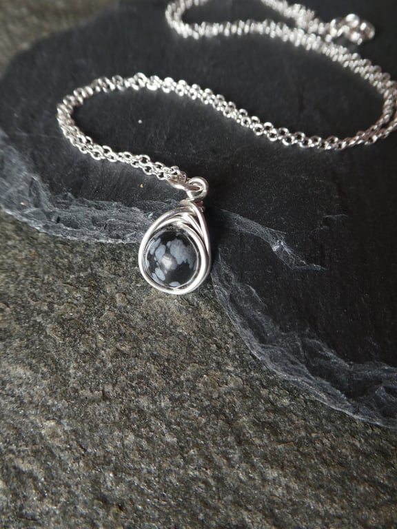 Sterling Silver Snowflake Obsidian Pendant, Dainty Gemstone Pendant