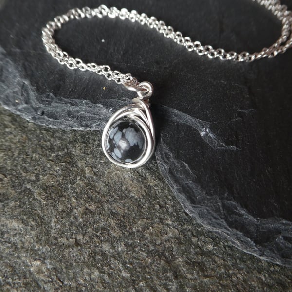 Sterling Silver Snowflake Obsidian Pendant, Dainty Gemstone Pendant