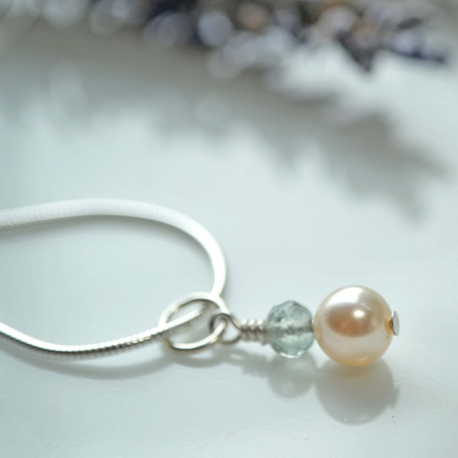 Bridal pearl and moss aquamarine sterling silver pendant 