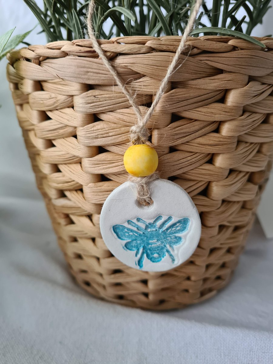 Clay bee blue embossed hanging decoration gift tag home decor