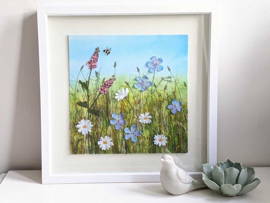 Wildflowers, embroidered textile picture