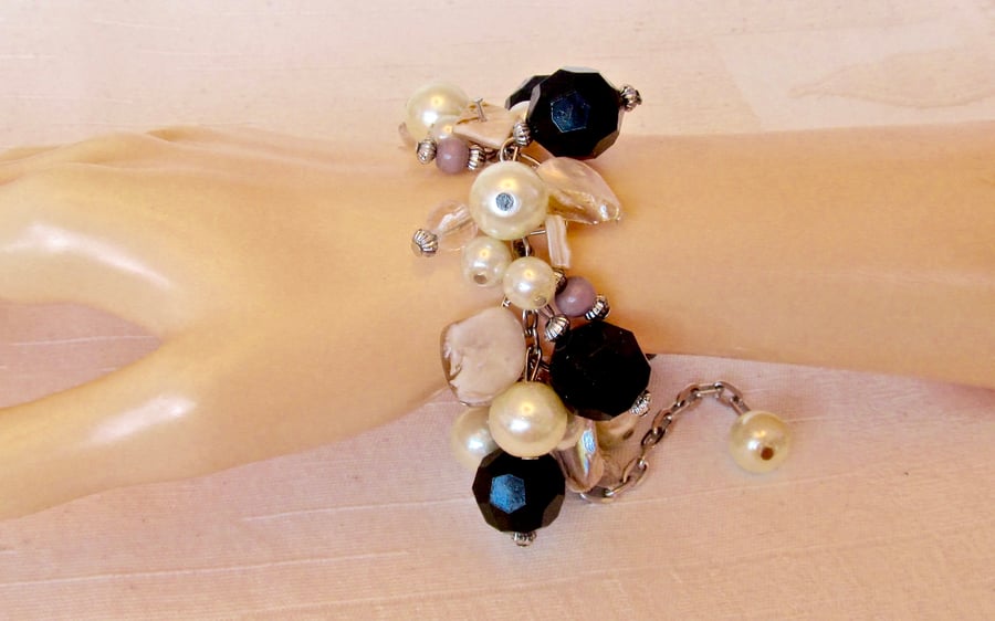 Black Facetted, Purple Agate & Cream Mother of Pearl Cluster Bracelet 